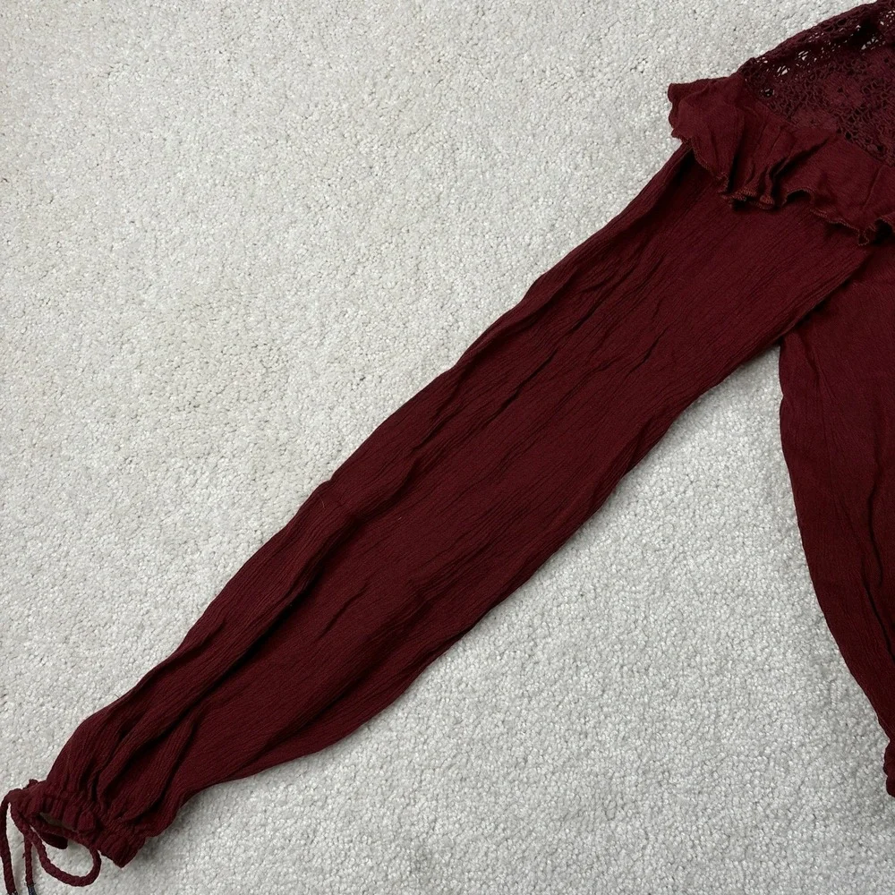 Free People Top Women's Size Small Maroon Lace‎ Open Back Long Sleeve Tie NWT